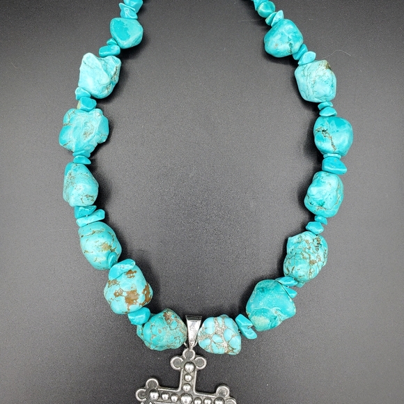 Sterling silver cross with turquoise and turquoise howlite  nuggets - Picture 7 of 7